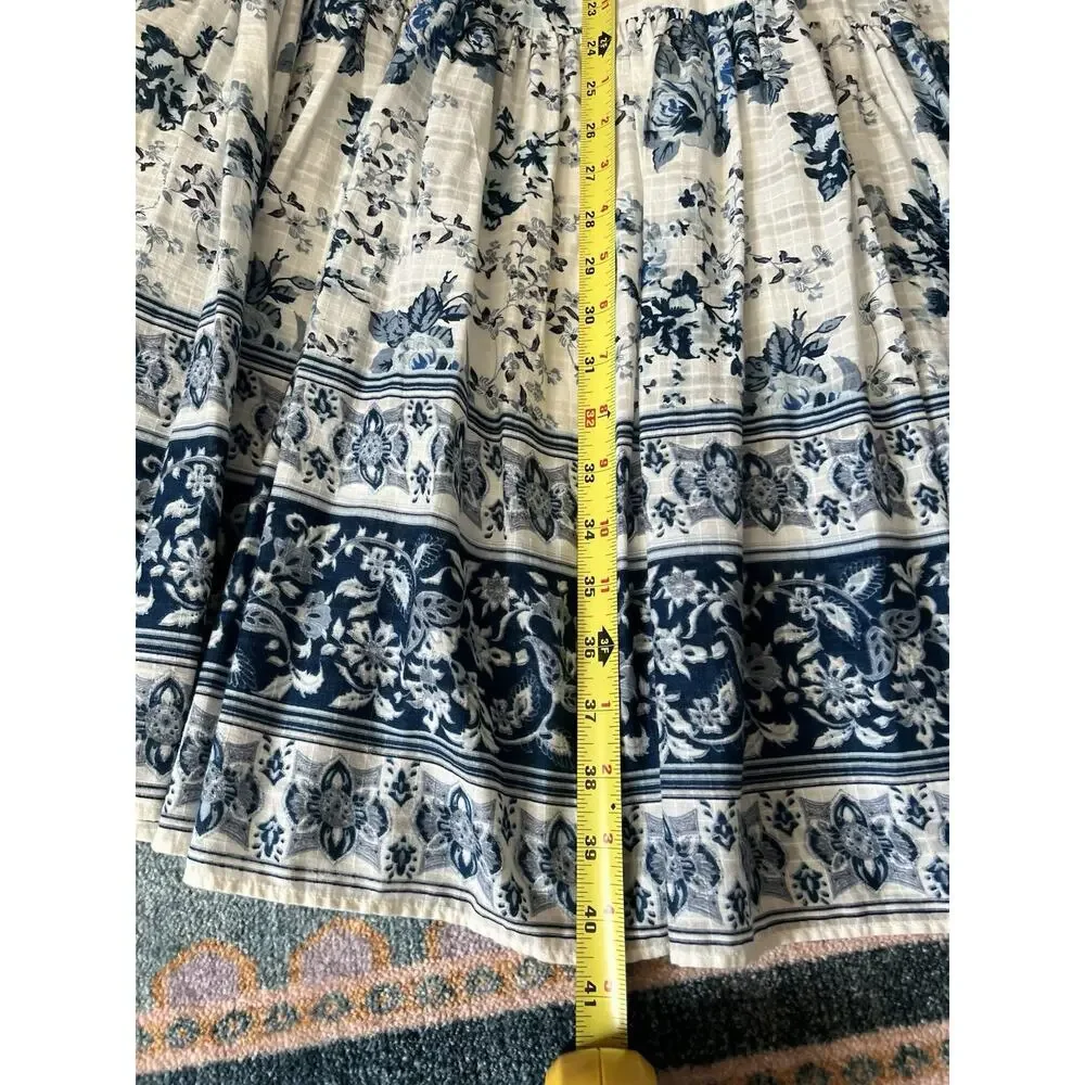 ZARA Women's 100% Cotton Blue White Floral Voluminous Tiered Maxi Skirt Sz XS-S